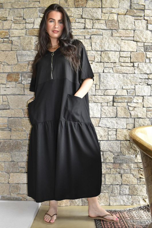 Rustic Nature Linen Blend Smock T Shirt Dress Black
